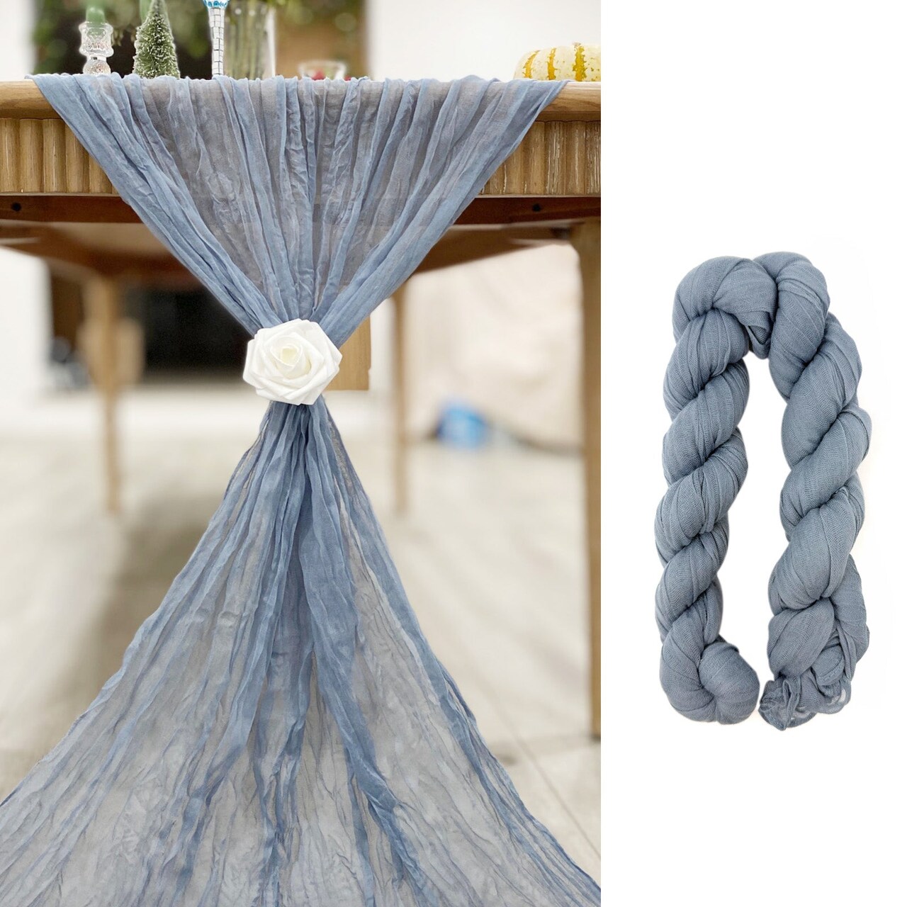 Wrapables 10Ft Bohemian Cheesecloth Gauze Table Runner for Rustic Weddings, Parties, Home Decor, Dusty Blue